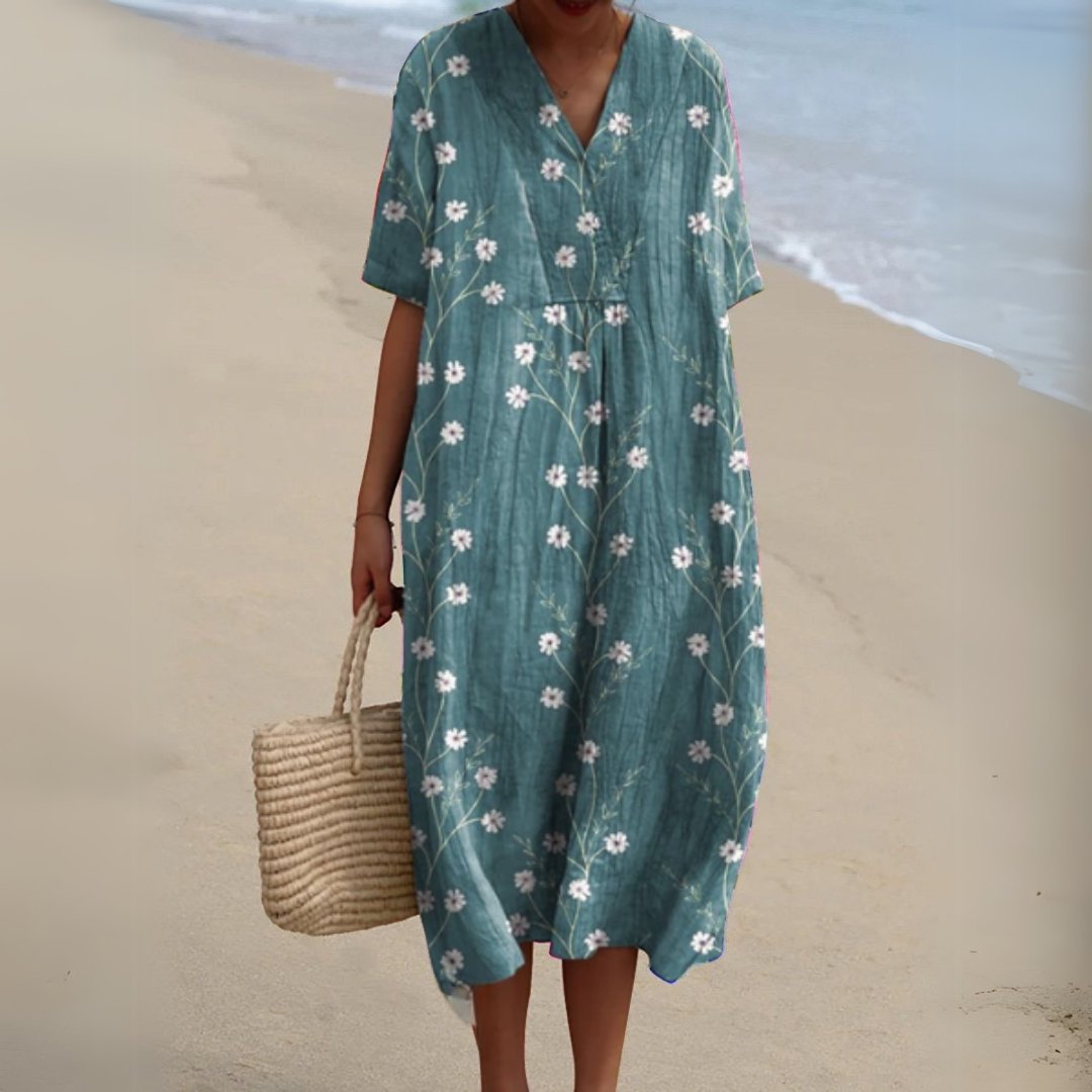 Women's Floral V-Neck Short-Sleeve Midi Dress - Flower 2