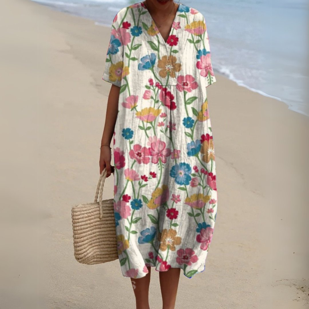 Women's Floral V-Neck Short-Sleeve Midi Dress - Flower 3