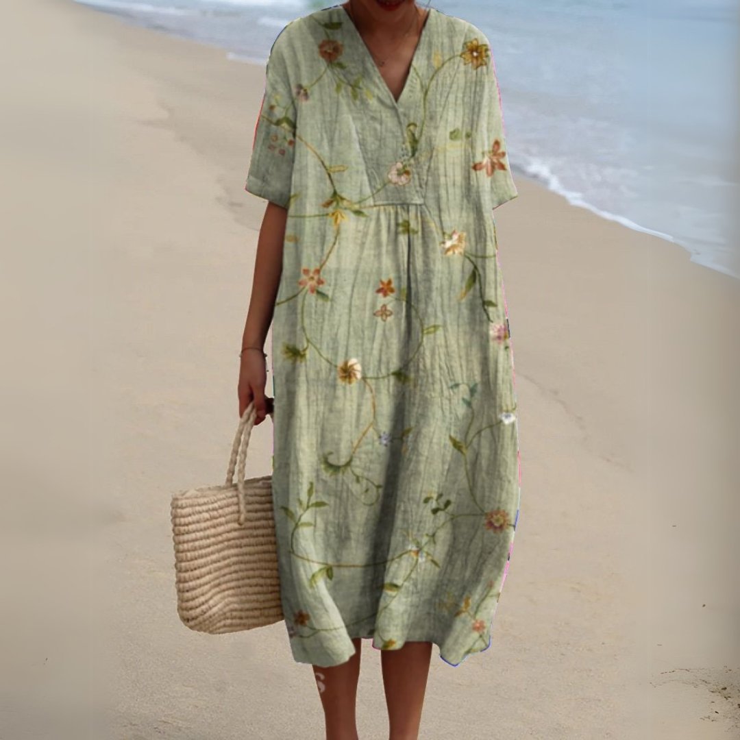 Women's Floral V-Neck Short-Sleeve Midi Dress - Flower 5