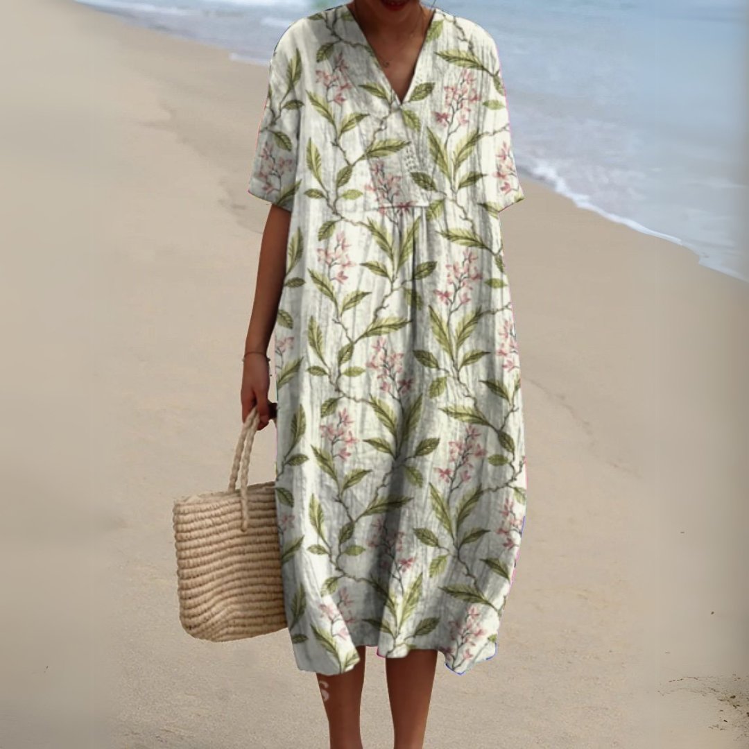 Women's Floral V-Neck Short-Sleeve Midi Dress - Flower 6