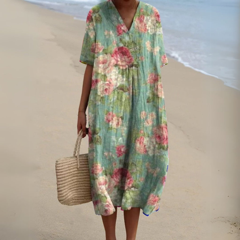 Women's Floral V-Neck Short-Sleeve Midi Dress - Flower 7
