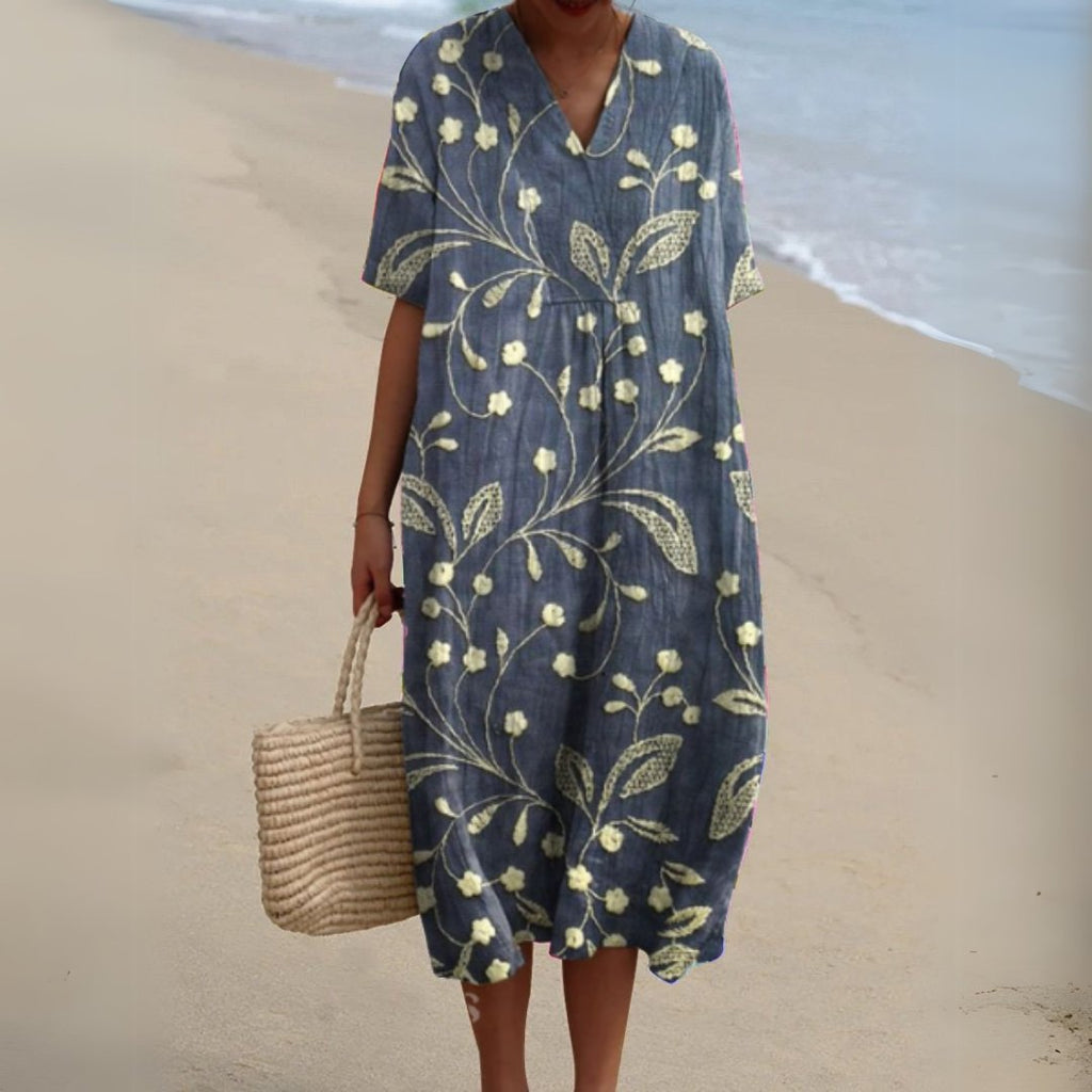 Women's Floral V-Neck Short-Sleeve Midi Dress - Flower 8