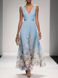 Women's Floral V-Neck Sleeveless Maxi Dress - Light Blue
