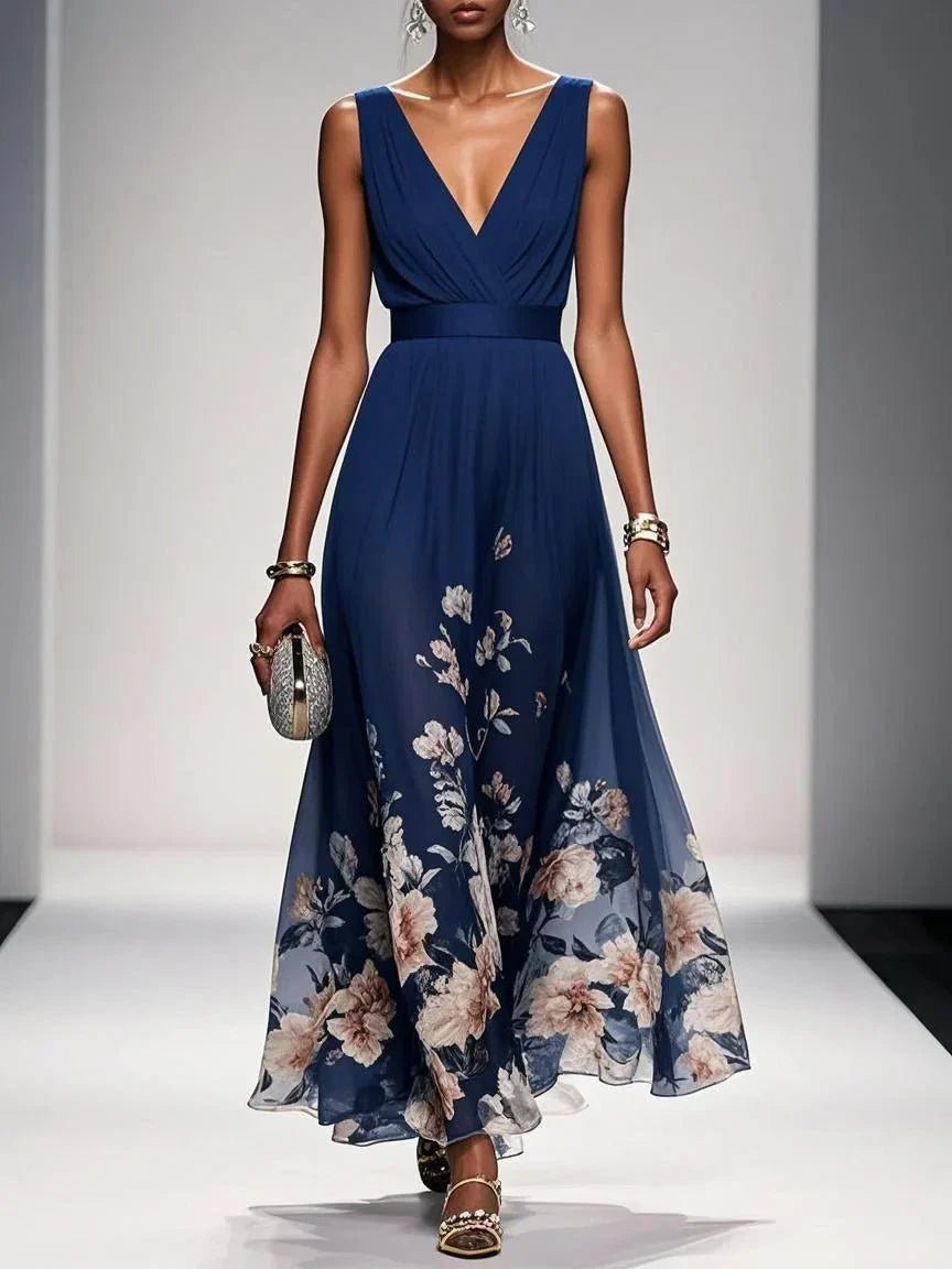 Women's Floral V-Neck Sleeveless Maxi Dress - Navy Blue