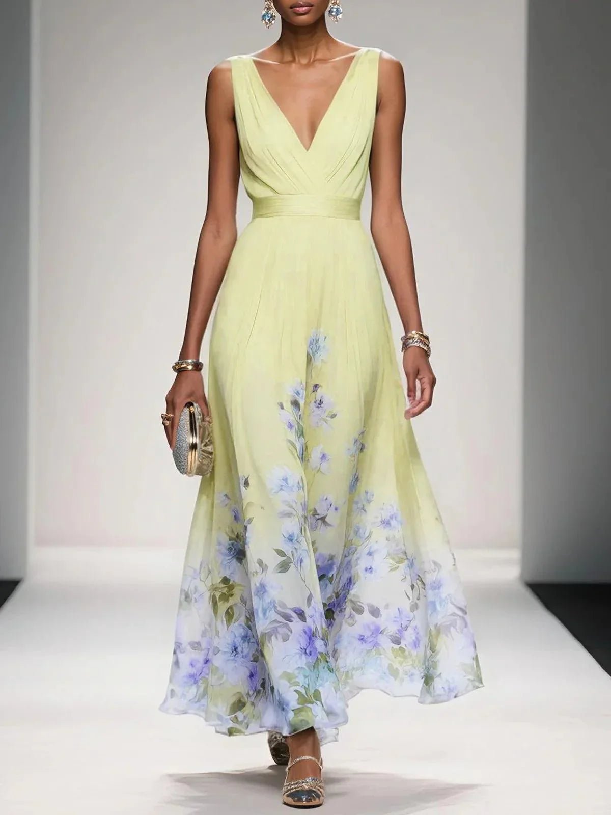 Women's Floral V-Neck Sleeveless Maxi Dress - Yellow