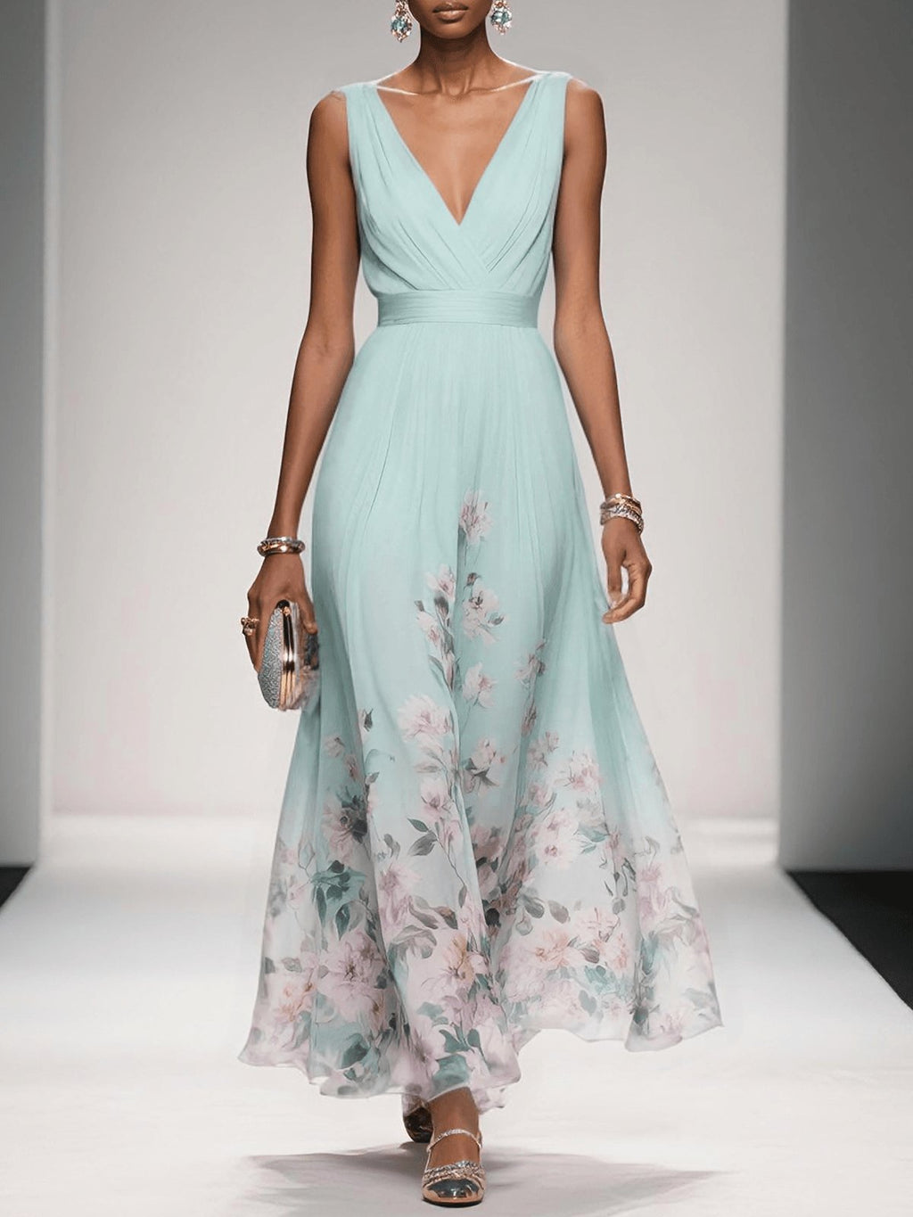 Women's Floral V-Neck Sleeveless Maxi Dress - Light Green
