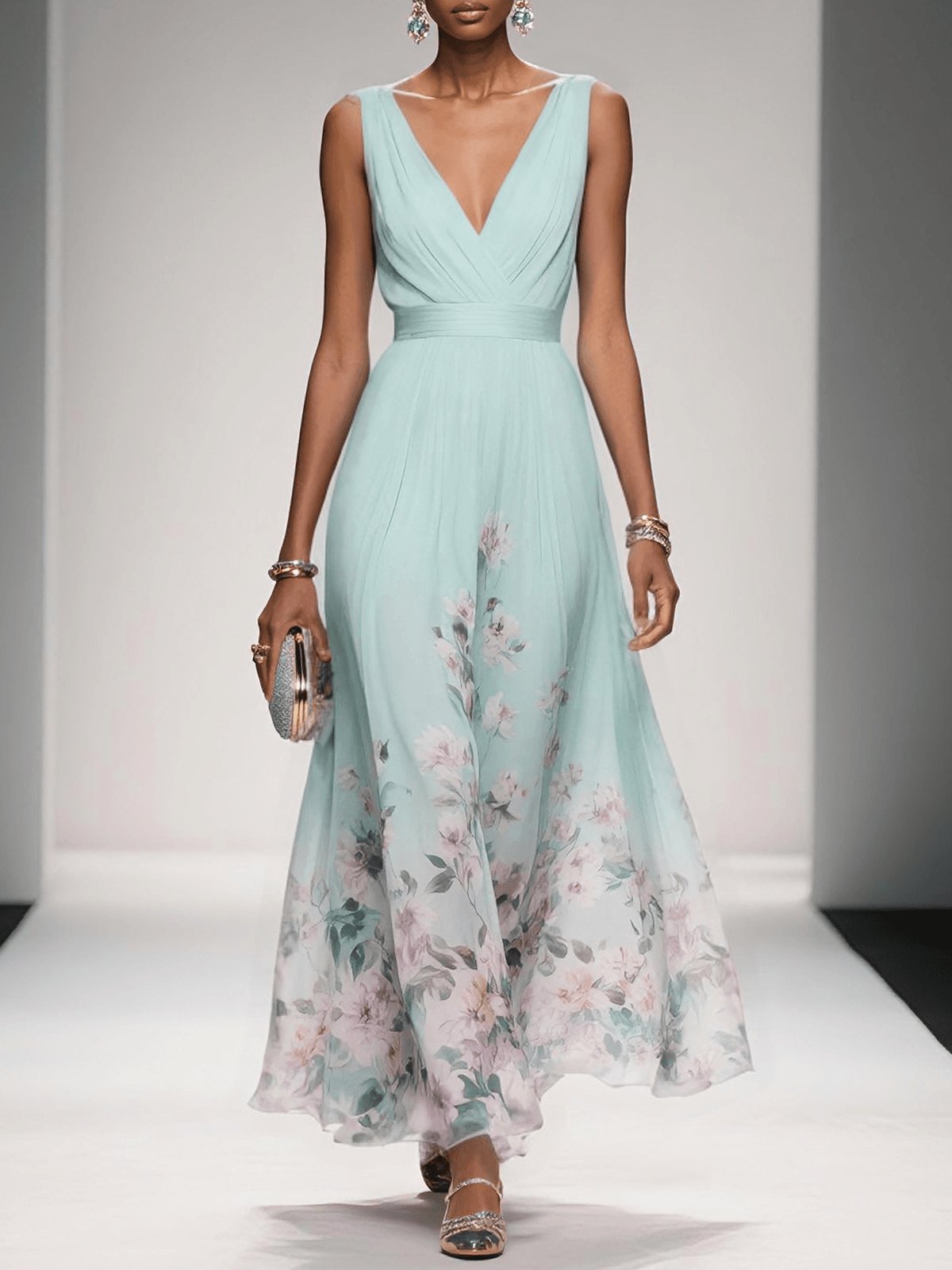 Women's Floral V-Neck Sleeveless Maxi Dress - Light Green