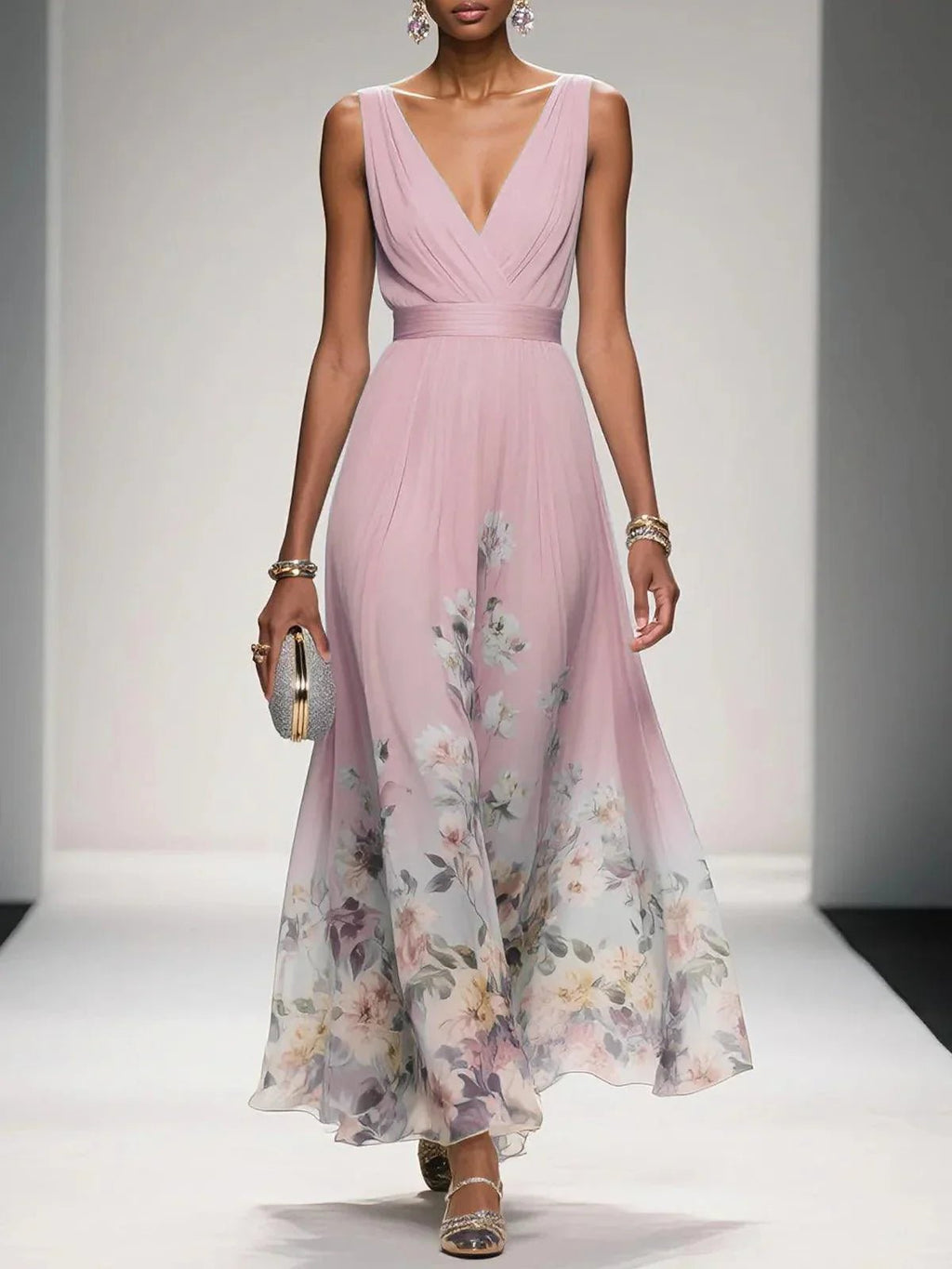 Women's Floral V-Neck Sleeveless Maxi Dress - Pink