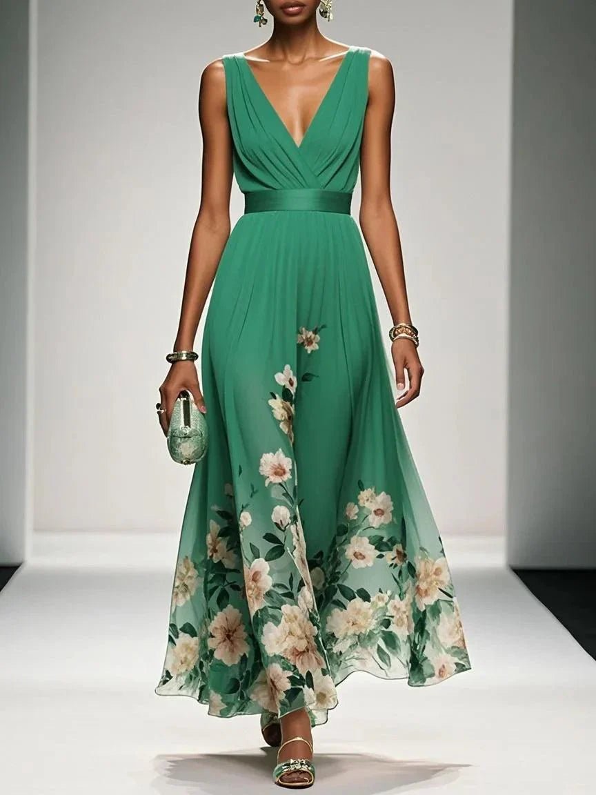 Women's Floral V-Neck Sleeveless Maxi Dress - Green