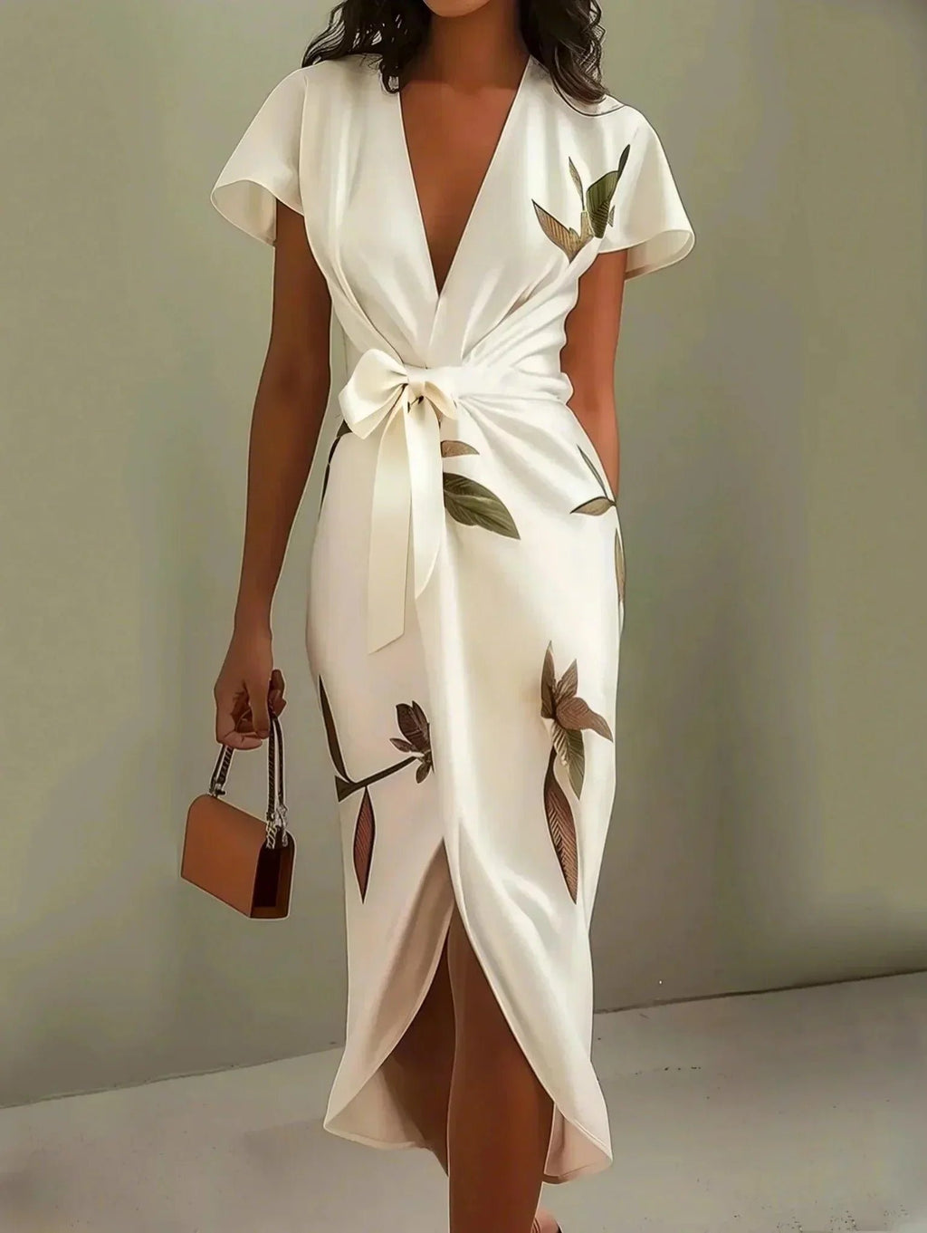 Women's Floral V-Neck Wrap Midi Dress - White
