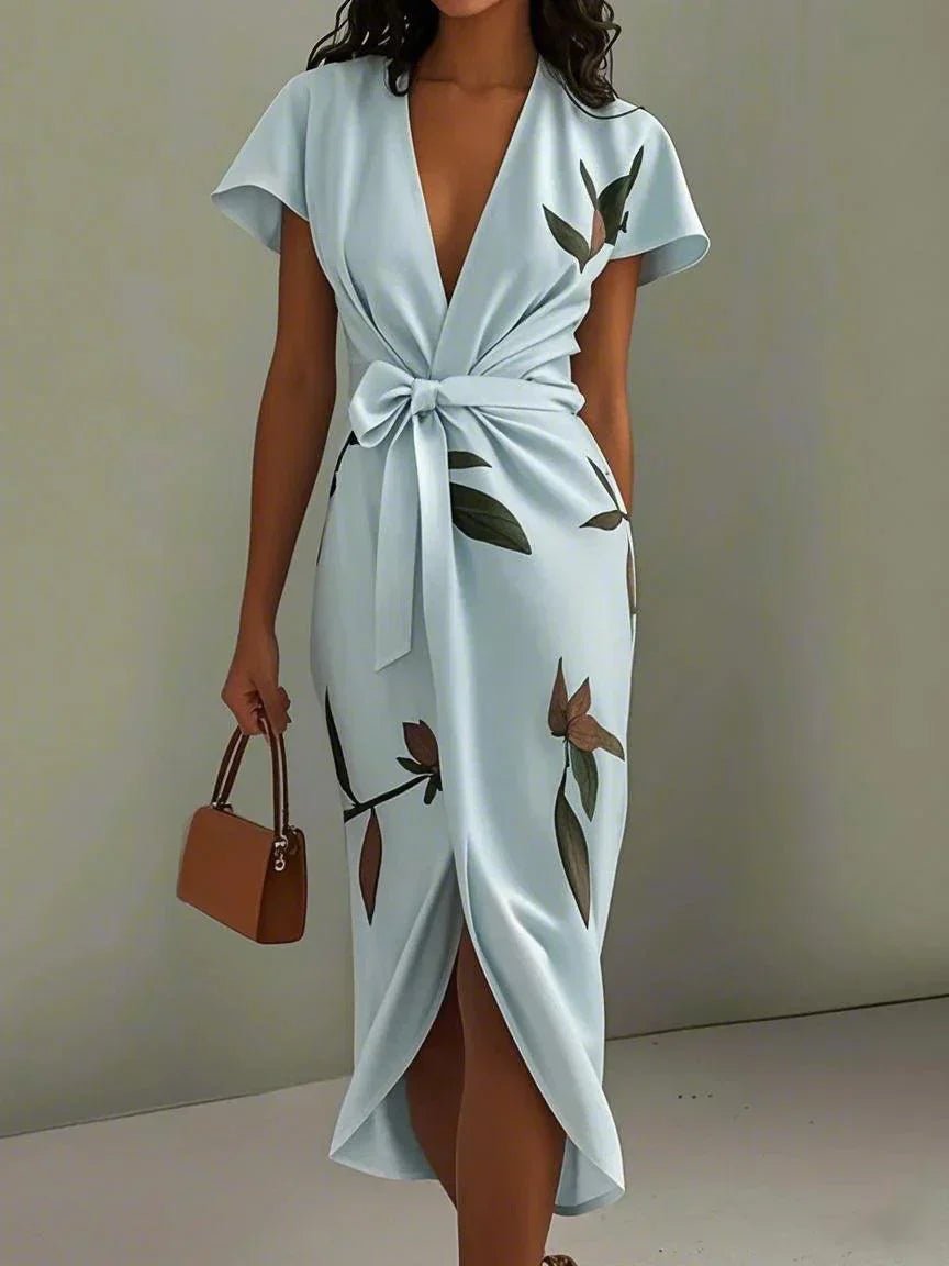 Women's Floral V-Neck Wrap Midi Dress - Light Blue
