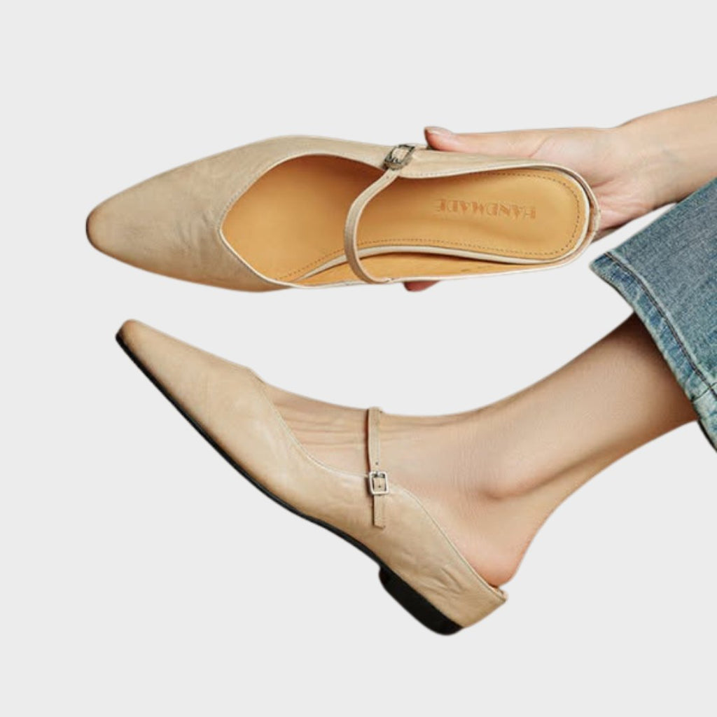 Women's Genuine Leather Pointed-Toe Ankle-Strap Mules - Beige