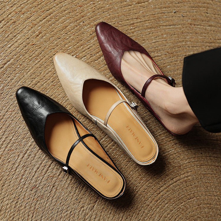 Women's Genuine Leather Pointed-Toe Ankle-Strap Mules