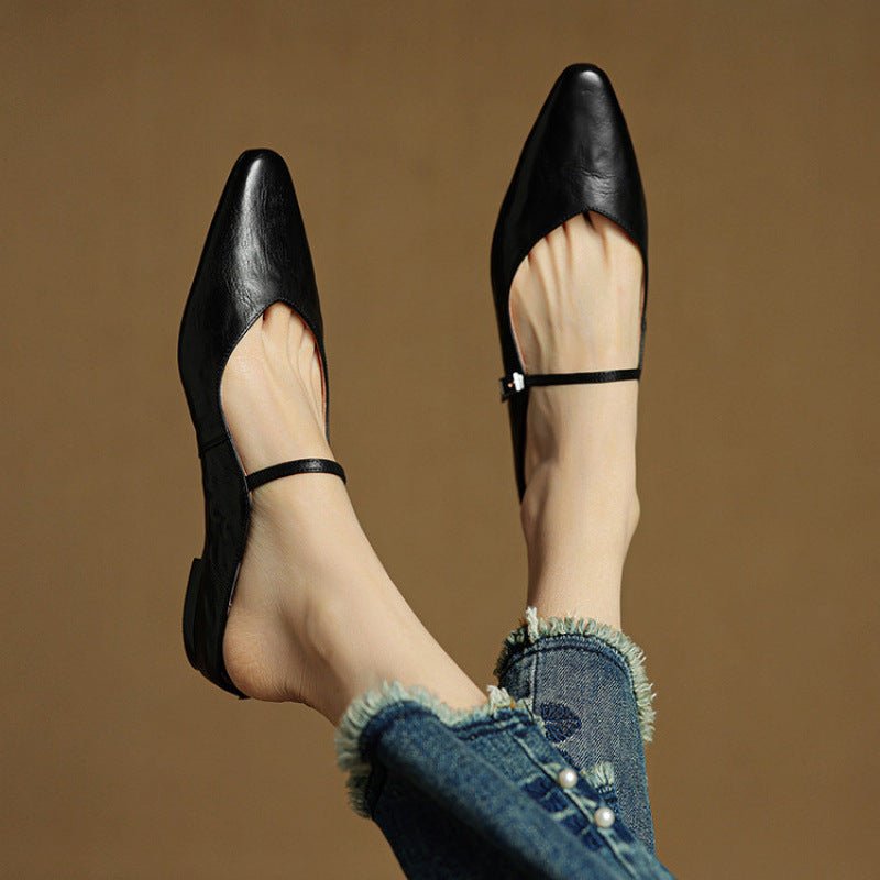 Women's Genuine Leather Pointed-Toe Ankle-Strap Mules - Black