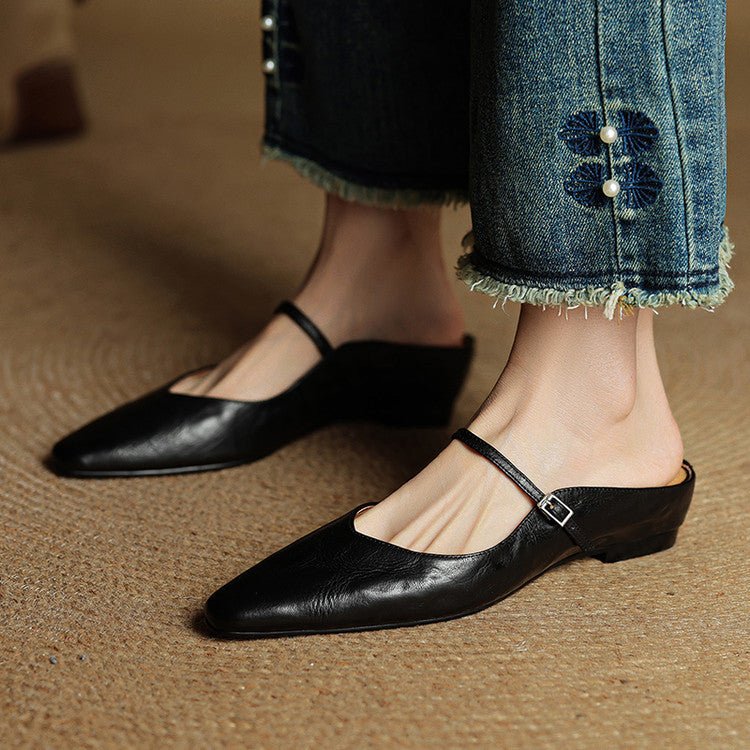 Women's Genuine Leather Pointed-Toe Ankle-Strap Mules