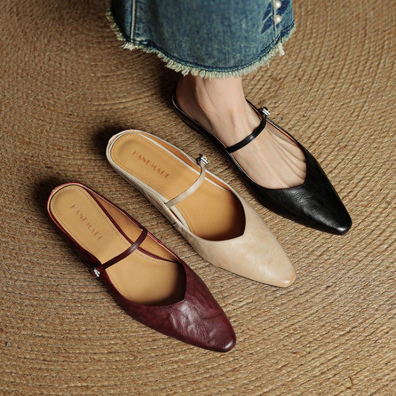 Women's Genuine Leather Pointed-Toe Ankle-Strap Mules