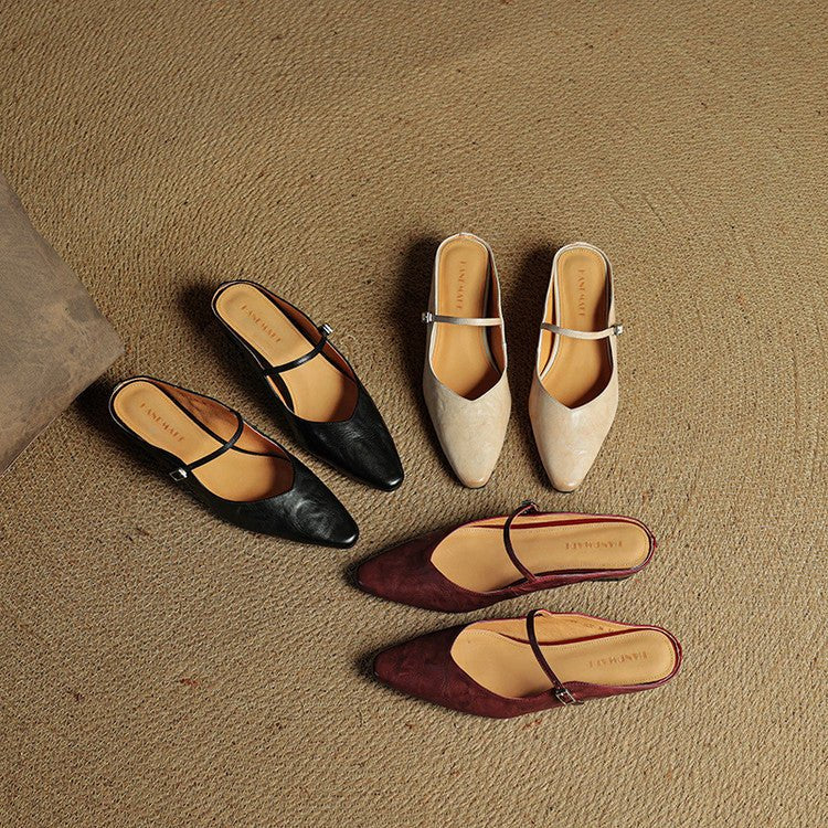 Women's Genuine Leather Pointed-Toe Ankle-Strap Mules