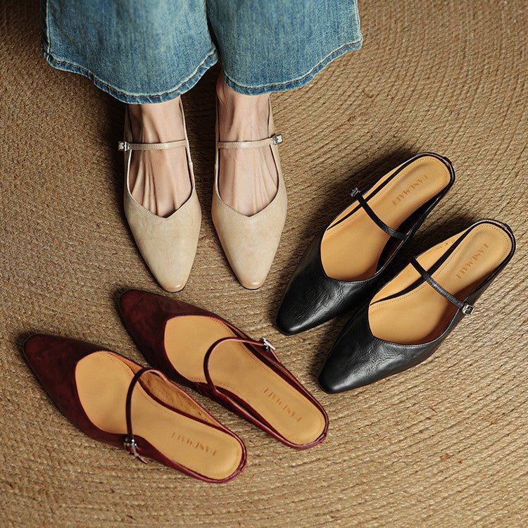 Women's Genuine Leather Pointed-Toe Ankle-Strap Mules