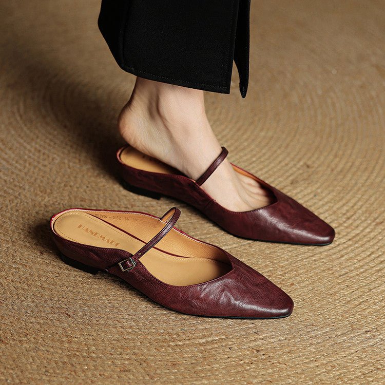 Women's Genuine Leather Pointed-Toe Ankle-Strap Mules - Maroon