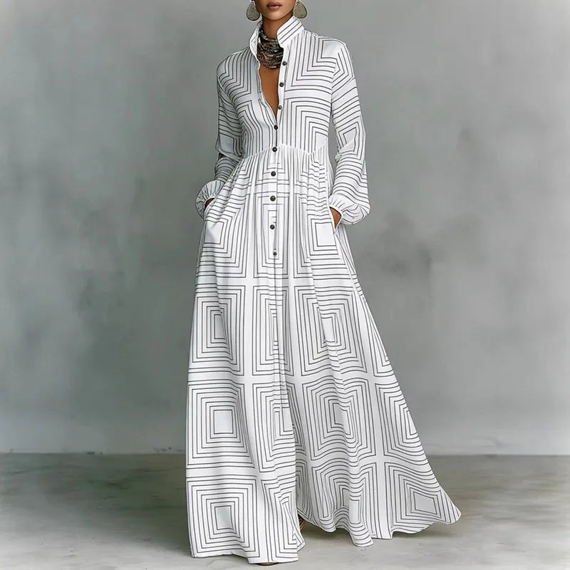 Women's Geometric Print Button-Front Long Sleeve Maxi Dress - White