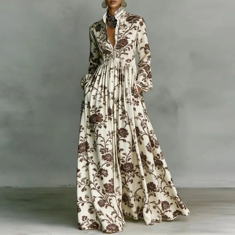 Women's Geometric Print Button-Front Long Sleeve Maxi Dress - Brown