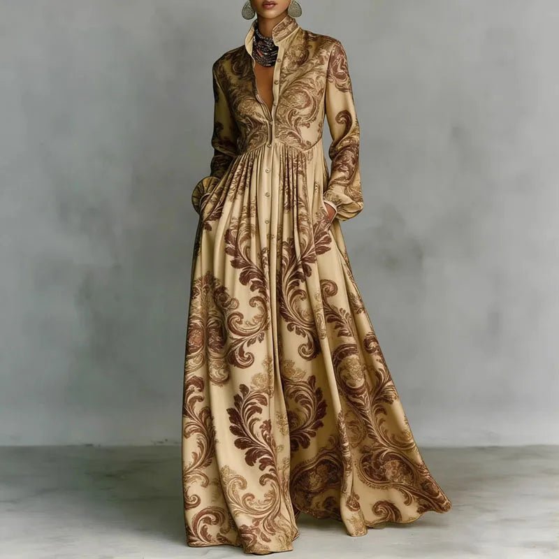 Women's Geometric Print Button-Front Long Sleeve Maxi Dress - Khaki