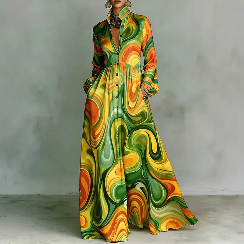 Women's Geometric Print Button-Front Long Sleeve Maxi Dress - Green
