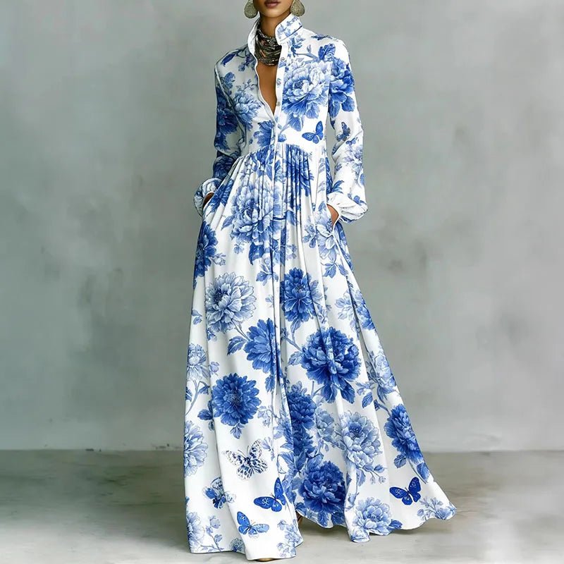 Women's Geometric Print Button-Front Long Sleeve Maxi Dress - Blue