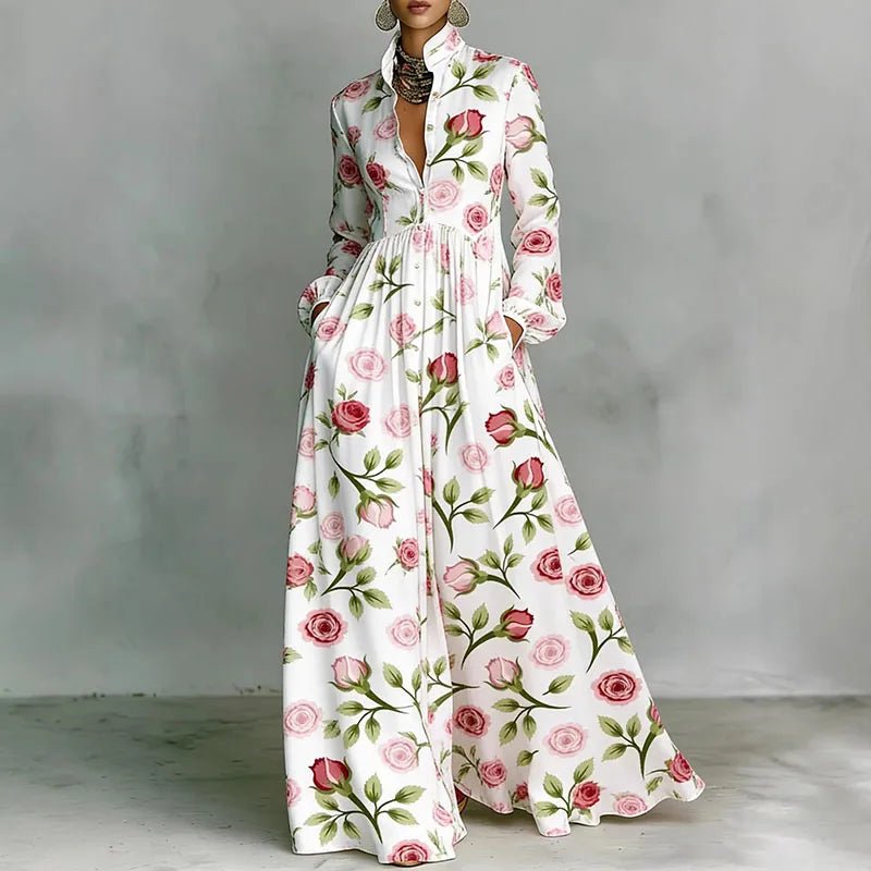 Women's Geometric Print Button-Front Long Sleeve Maxi Dress - Rose Print
