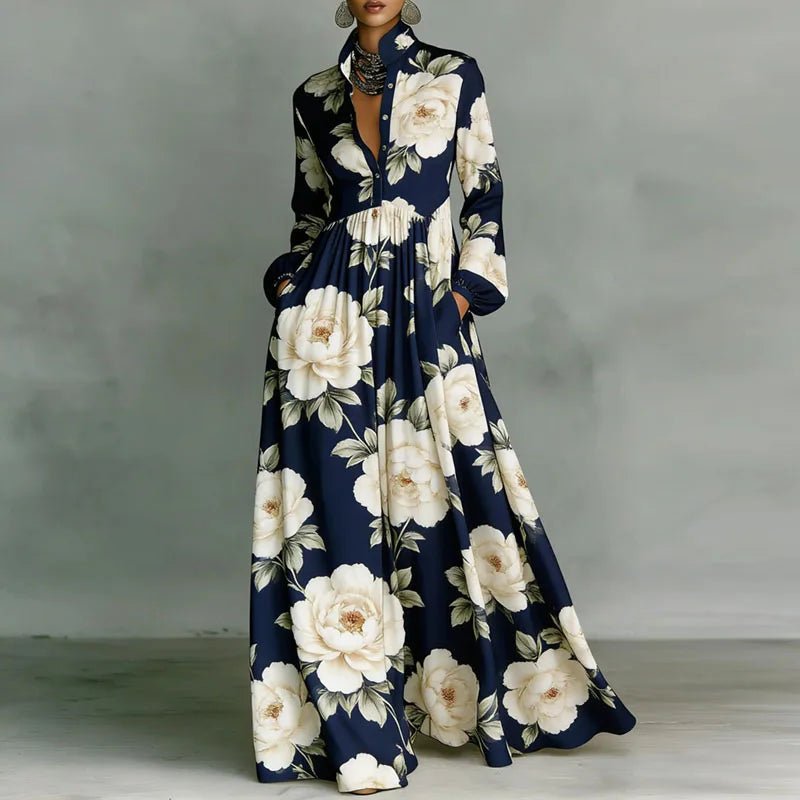 Women's Geometric Print Button-Front Long Sleeve Maxi Dress - Navy Blue