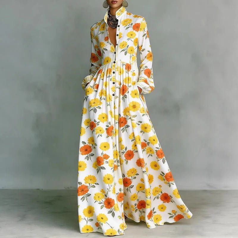 Women's Geometric Print Button-Front Long Sleeve Maxi Dress - Yellow