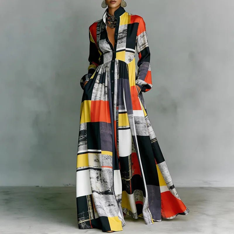 Women's Geometric Print Button-Front Long Sleeve Maxi Dress - Red