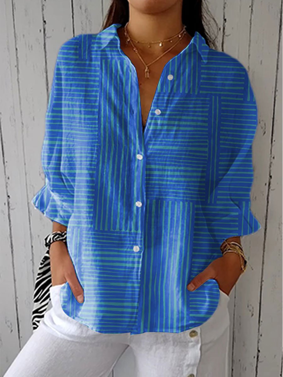 Women's Geometric Striped Button-Front Blouse - Blue