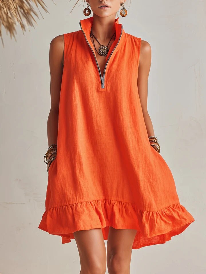 Women's Half-Zip Stand Collar Sleeveless Ruffle Mini Dress - Orange