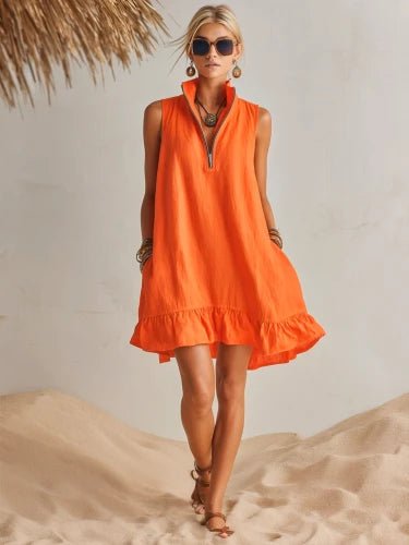 Women's Half-Zip Stand Collar Sleeveless Ruffle Mini Dress