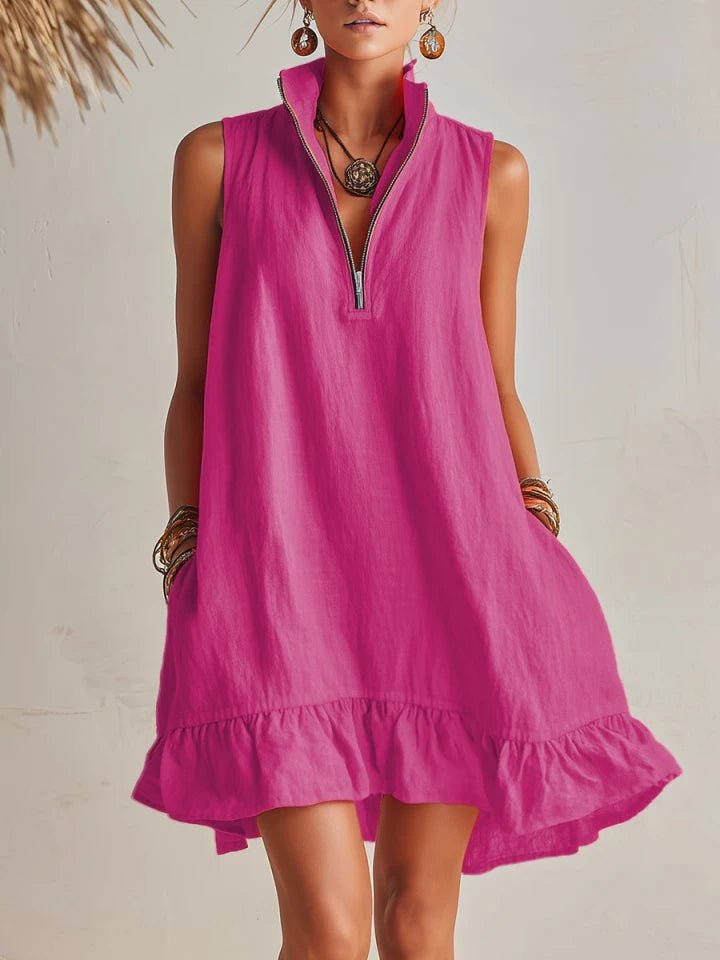 Women's Half-Zip Stand Collar Sleeveless Ruffle Mini Dress - Magenta