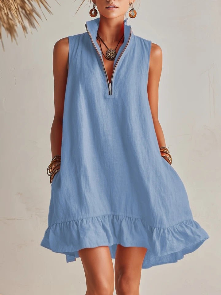Women's Half-Zip Stand Collar Sleeveless Ruffle Mini Dress - Blue
