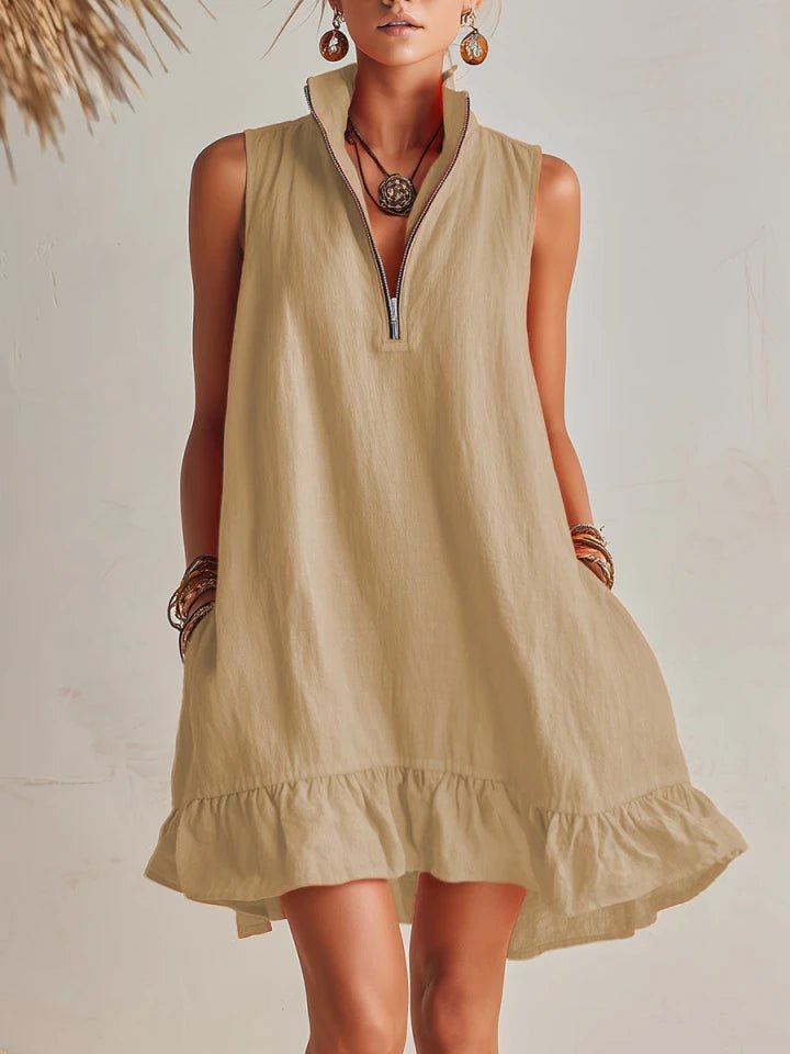 Women's Half-Zip Stand Collar Sleeveless Ruffle Mini Dress - Light Khaki
