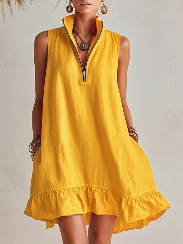 Women's Half-Zip Stand Collar Sleeveless Ruffle Mini Dress - Yellow