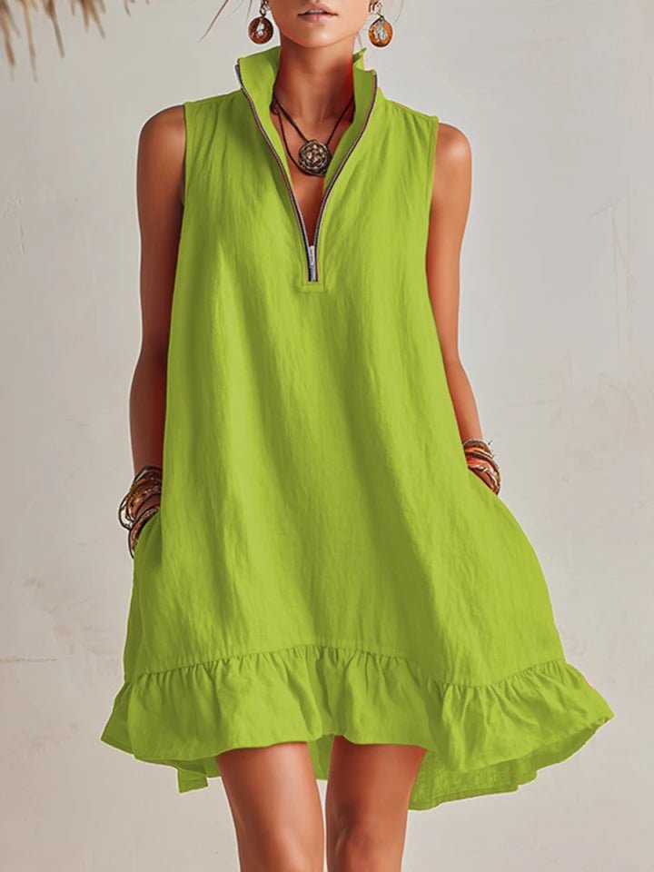 Women's Half-Zip Stand Collar Sleeveless Ruffle Mini Dress - Green