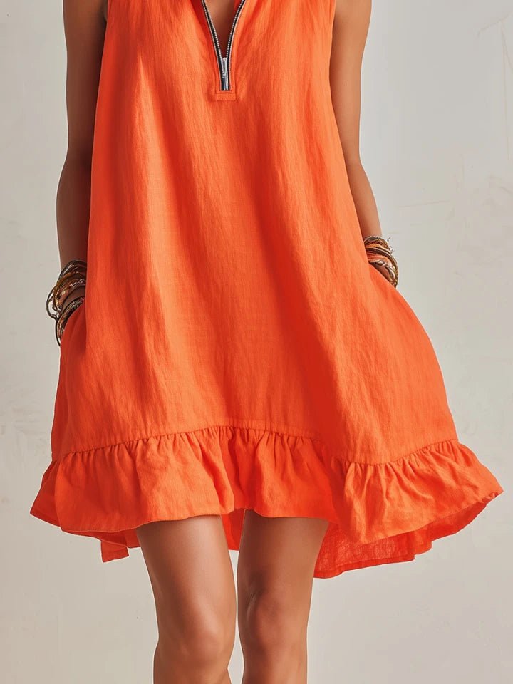 Women's Half-Zip Stand Collar Sleeveless Ruffle Mini Dress