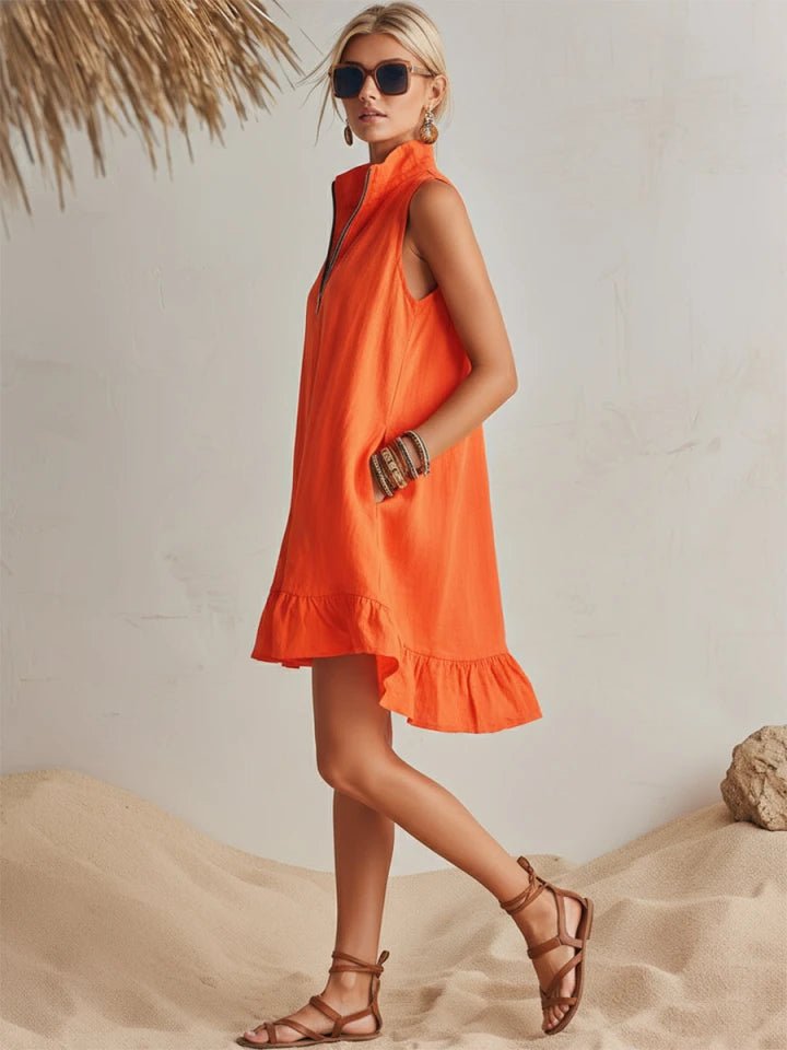 Women's Half-Zip Stand Collar Sleeveless Ruffle Mini Dress