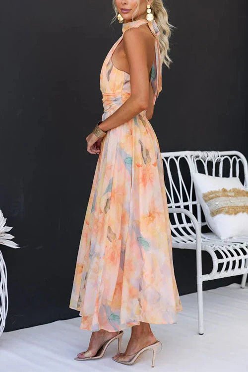 Women's Halter Neck Open-Back Maxi Wedding Guest Dress