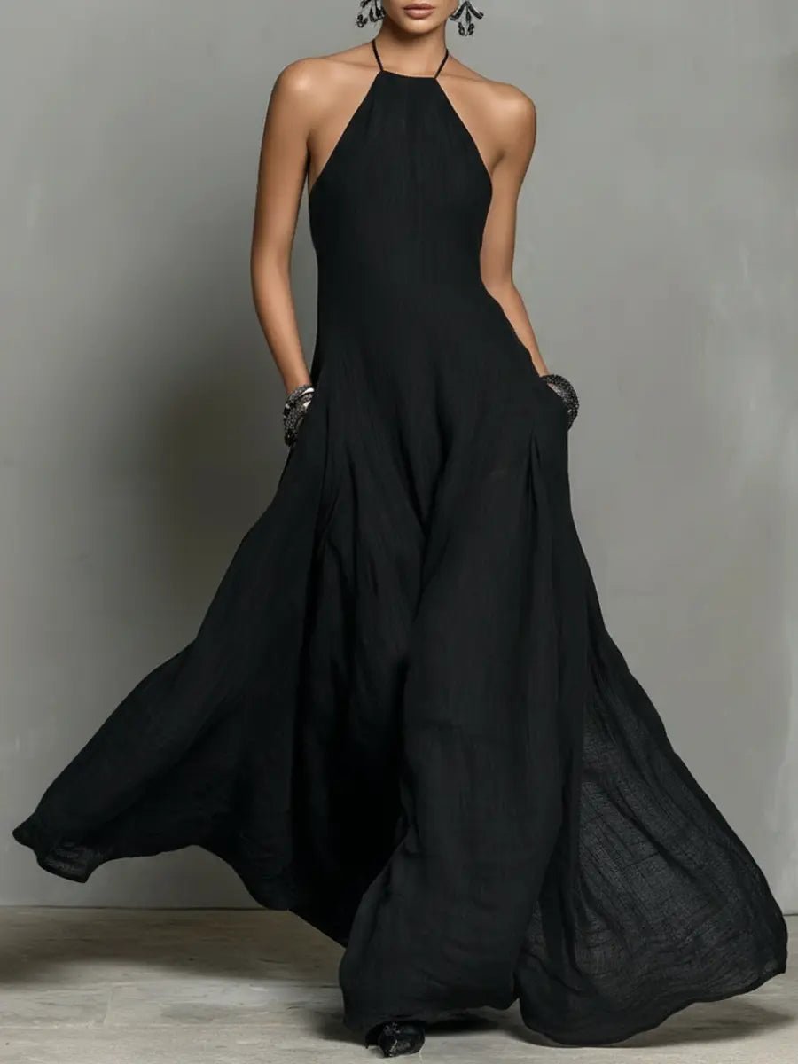 Women's Halter Neck Sleeveless Linen Maxi Dress - Black
