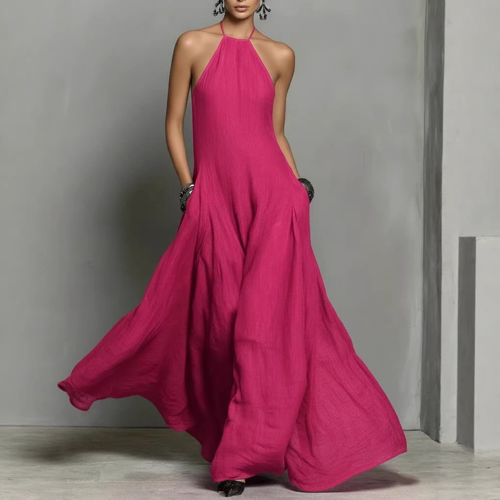 Women's Halter Neck Sleeveless Linen Maxi Dress - Hot Pink