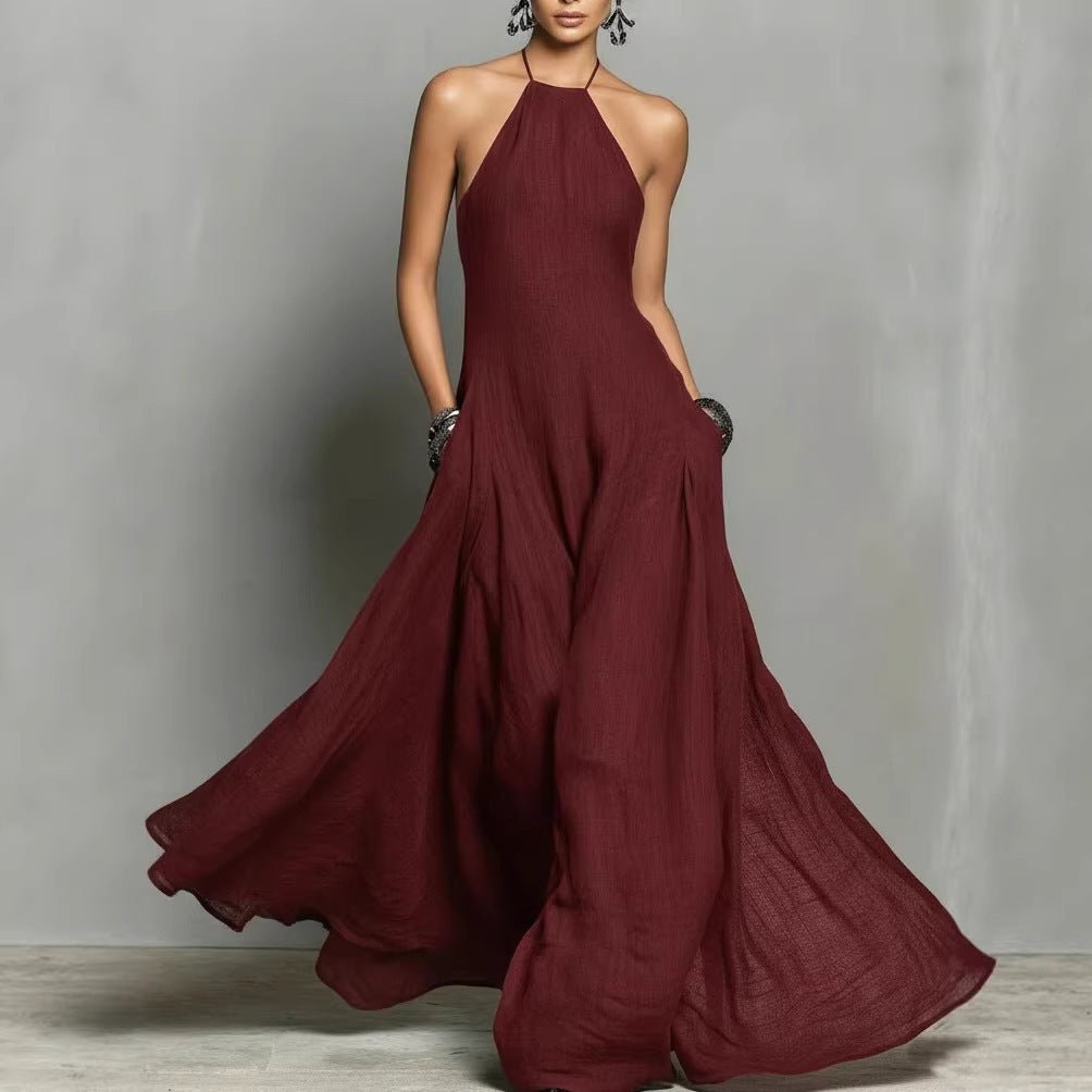 Women's Halter Neck Sleeveless Linen Maxi Dress - Burgundy