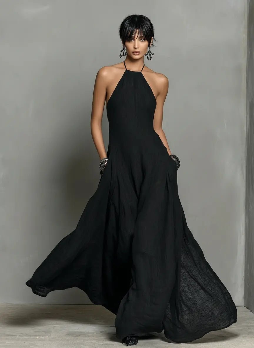Women's Halter Neck Sleeveless Linen Maxi Dress