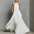 Women's Halter Neck Sleeveless Linen Maxi Dress - White