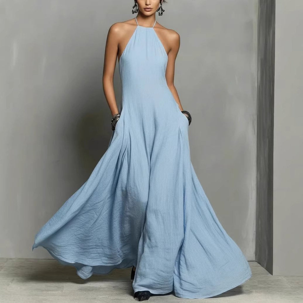 Women's Halter Neck Sleeveless Linen Maxi Dress - Light Blue