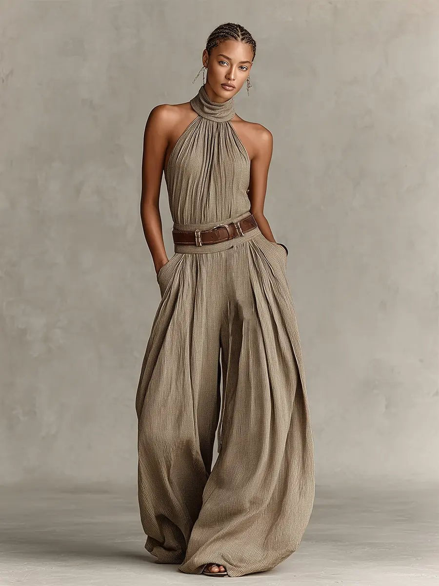Women's Halter Neck Wide-Leg Cotton Blend Jumpsuit